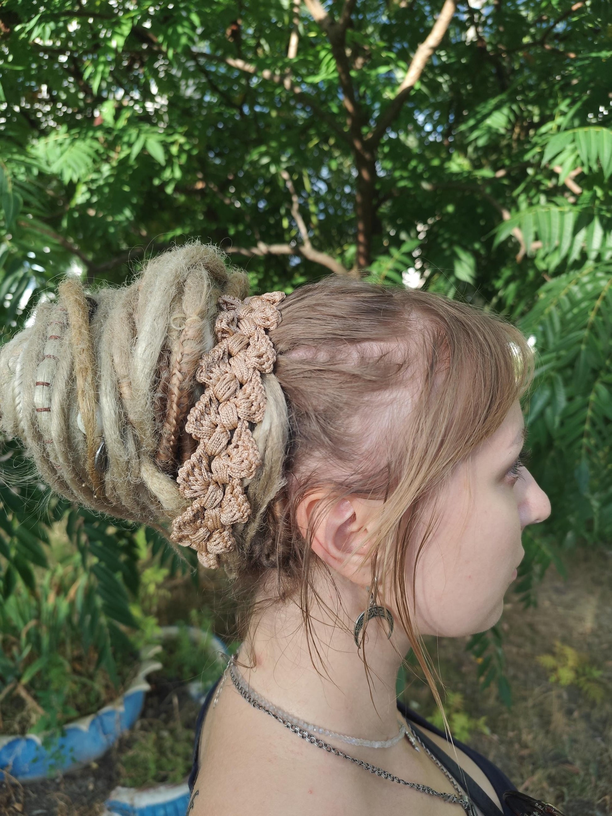 Boho Wood Hair Tie for Bun with Crocheted Lace and Rubber Band