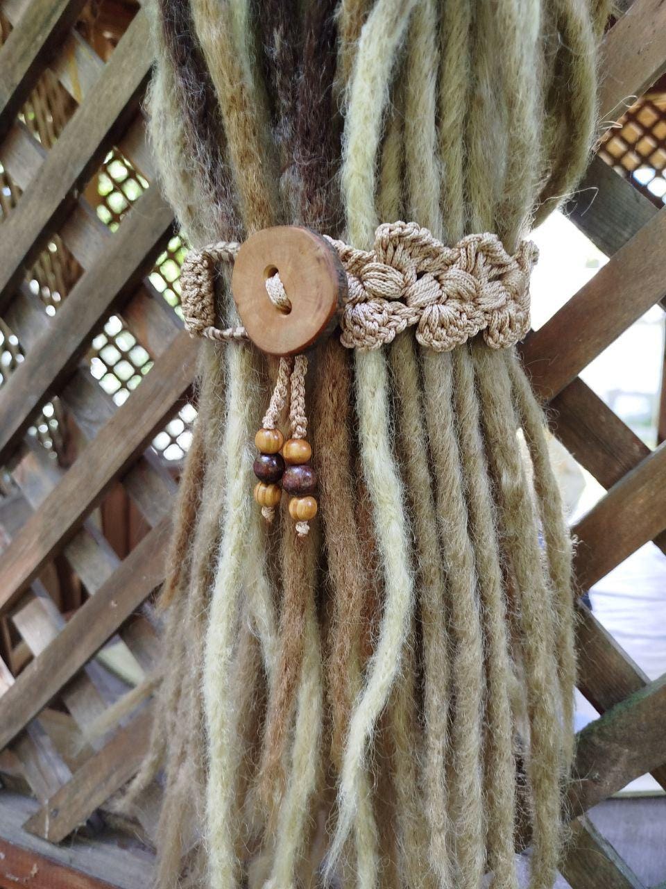 Boho Wood Hair Tie for Bun with Crocheted Lace and Rubber Band