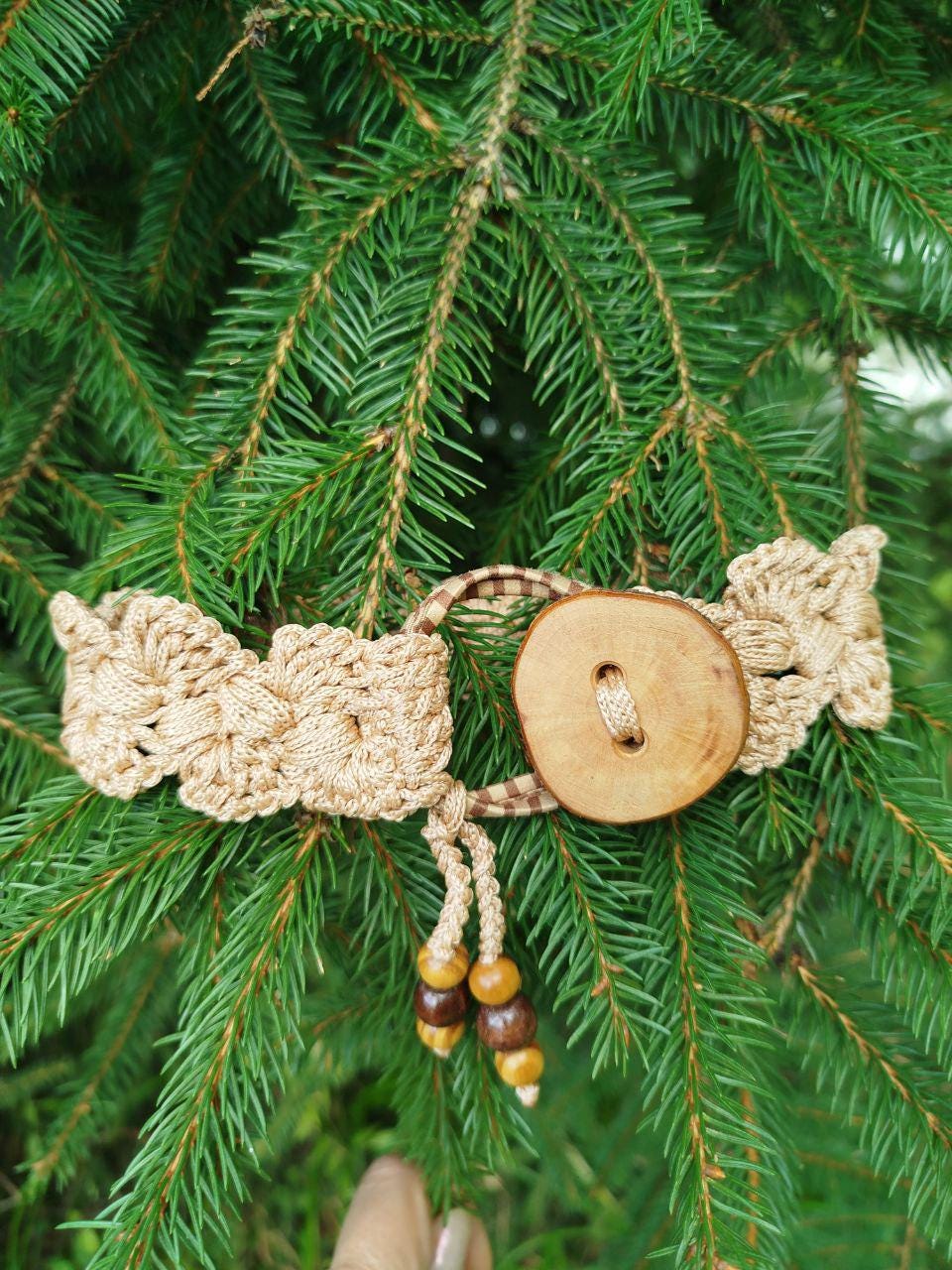 Boho Wood Hair Tie for Bun with Crocheted Lace and Rubber Band