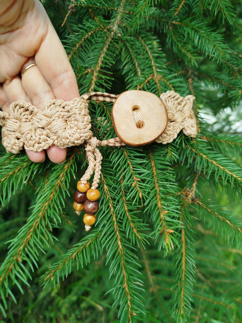 Boho Wood Hair Tie for Bun with Crocheted Lace and Rubber Band