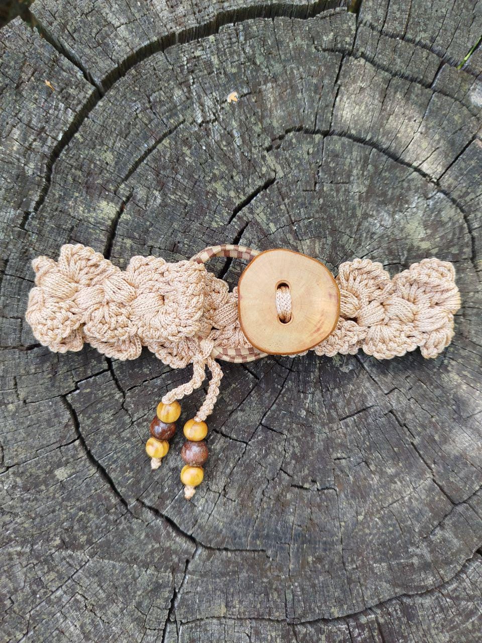 Boho Wood Hair Tie for Bun with Crocheted Lace and Rubber Band