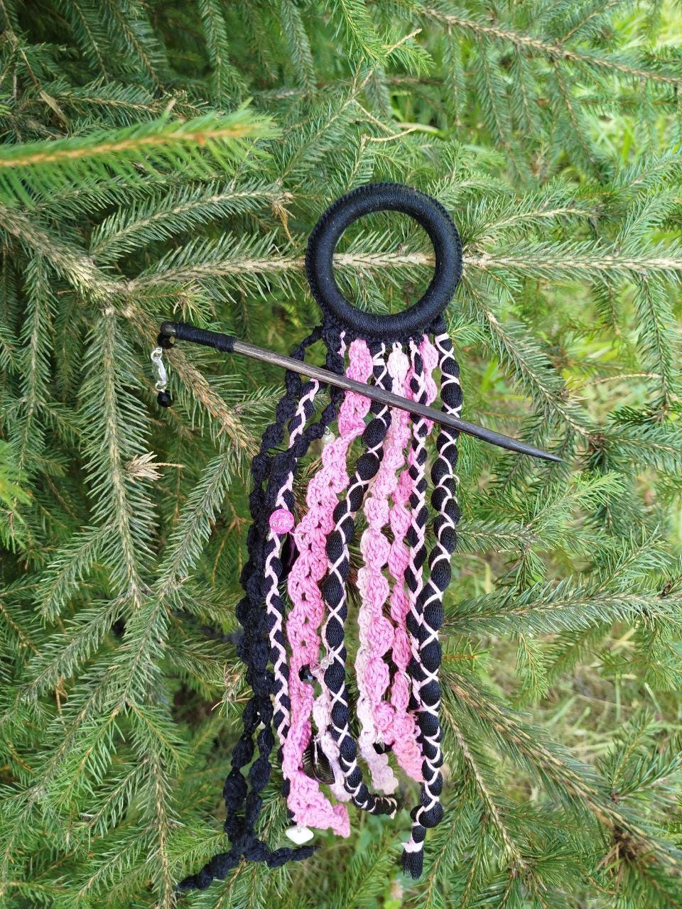 Handmade Black and Pink Tribal Dreadlock Hair Ring Barette - Unique Dreadcuff Accessory