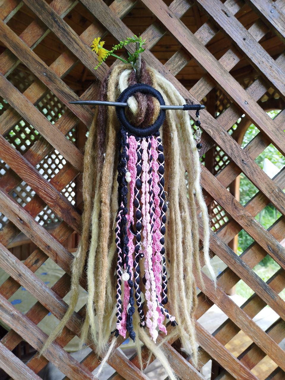 Handmade Black and Pink Tribal Dreadlock Hair Ring Barette - Unique Dreadcuff Accessory