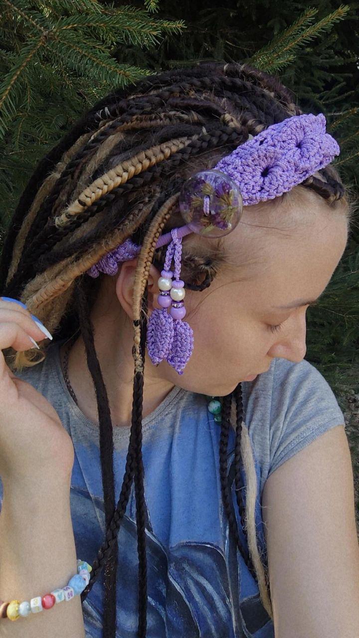 Lavender Boho Chic Crochet Lace Hair Tie with Handcrafted Button | Dried Flower Resin Elastic Bun Holder