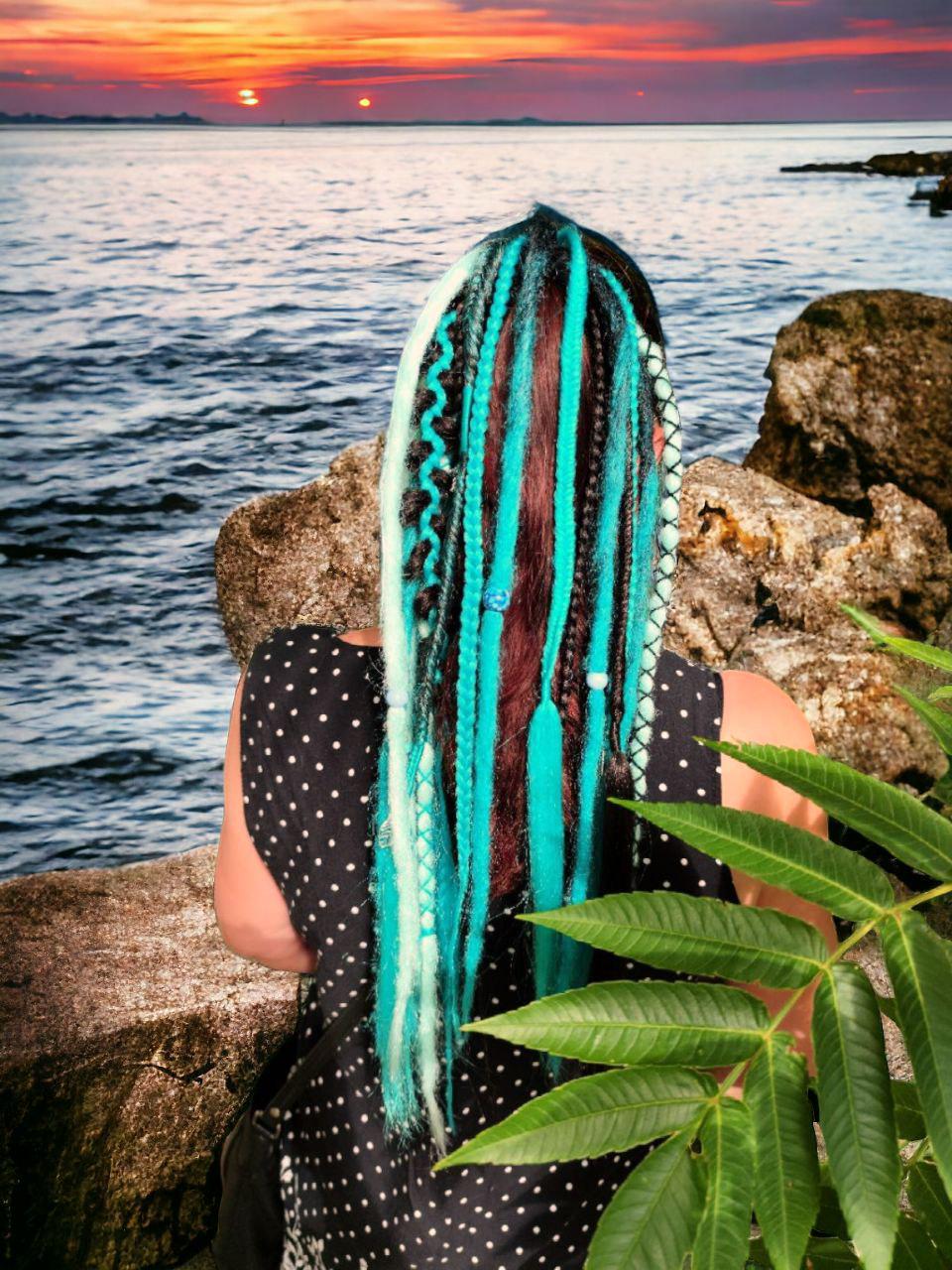 Dreadlocked Ponytail Bundle - Teal and Black Witchy Vibes Hair Accessory