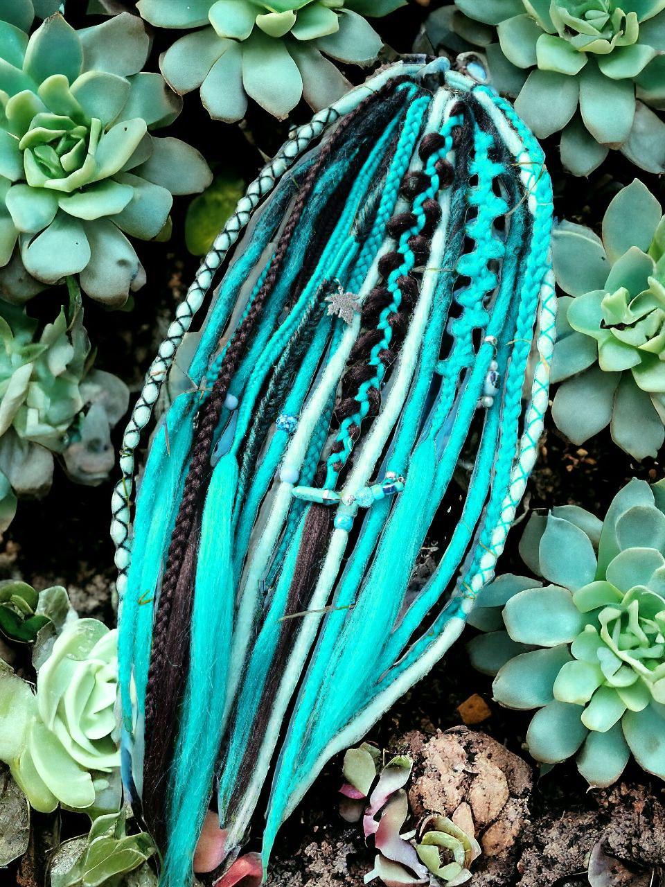 Dreadlocked Ponytail Bundle - Teal and Black Witchy Vibes Hair Accessory