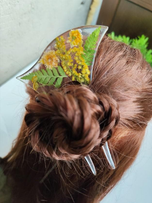 Jewelry Resin Hair Forks with Ambrosia Flower and fern leaves - Unique Hair Barrette