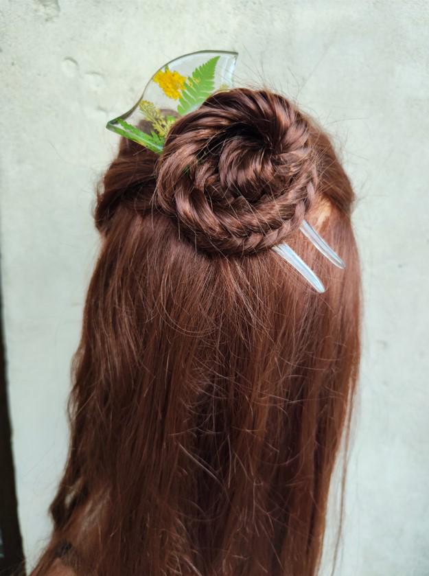 Jewelry Resin Hair Forks with Ambrosia Flower and fern leaves - Unique Hair Barrette