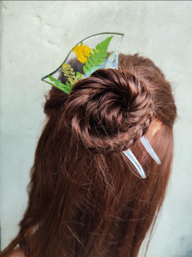 Jewelry Resin Hair Forks with Ambrosia Flower and fern leaves - Unique Hair Barrette