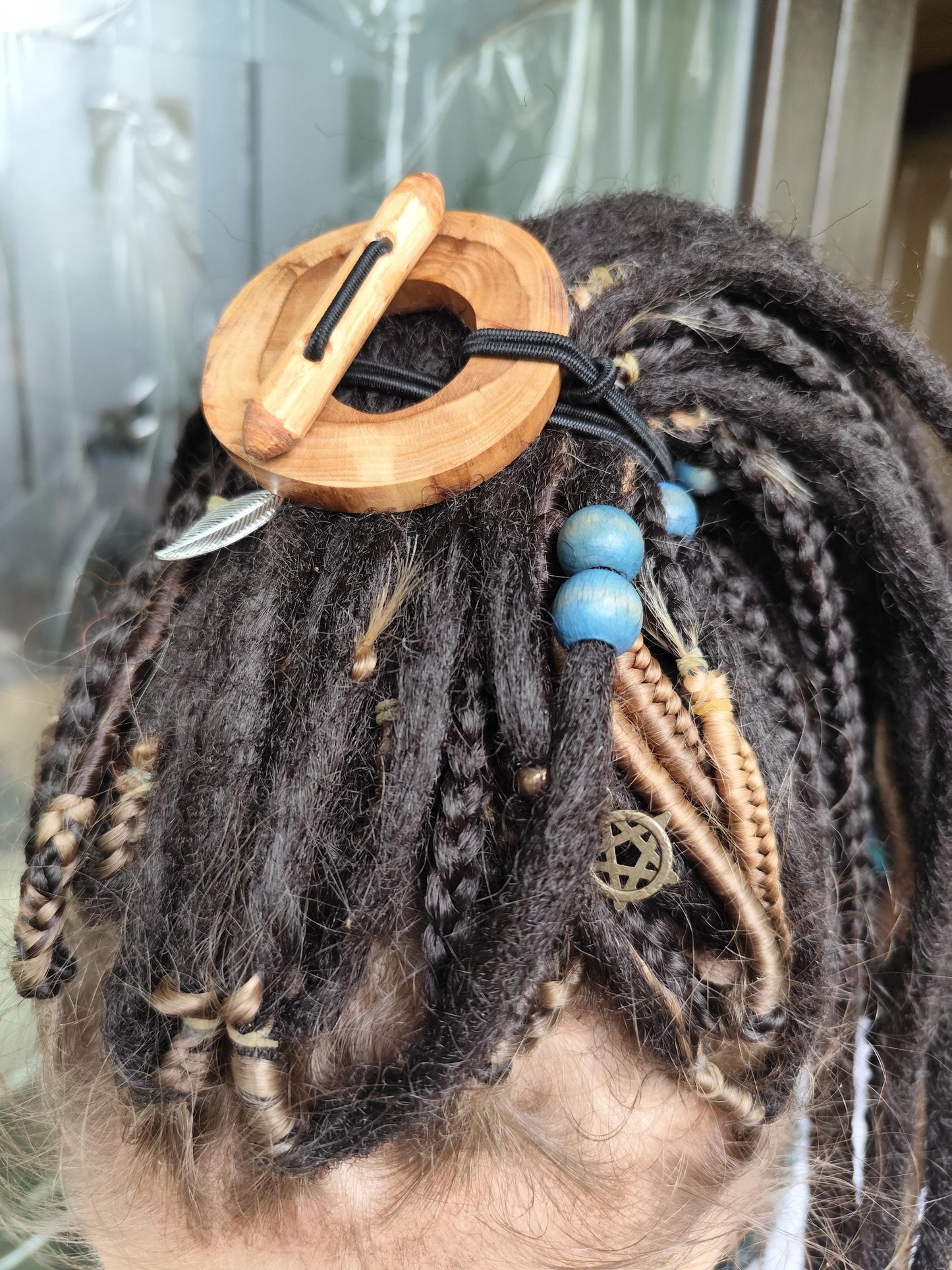 Handcrafted Wood Dreadlock Tie with Rubber Band Button and Stick