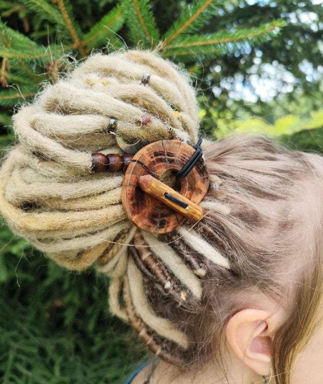 Handcrafted Wood Dreadlock Tie with Rubber Band Button and Stick