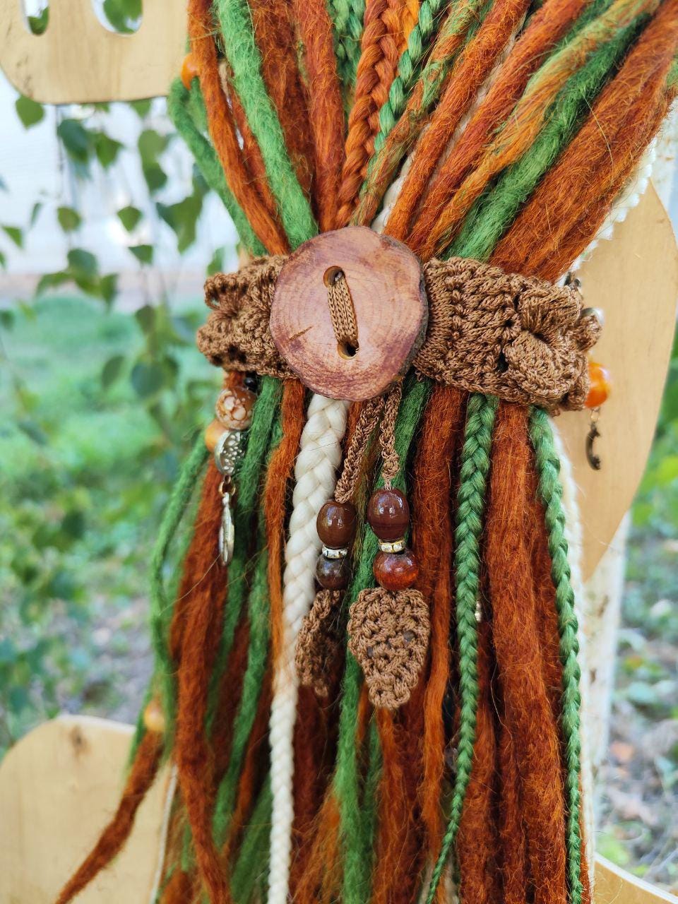 Boho Wood Hair Tie for Bun with Crocheted Lace and Rubber Band