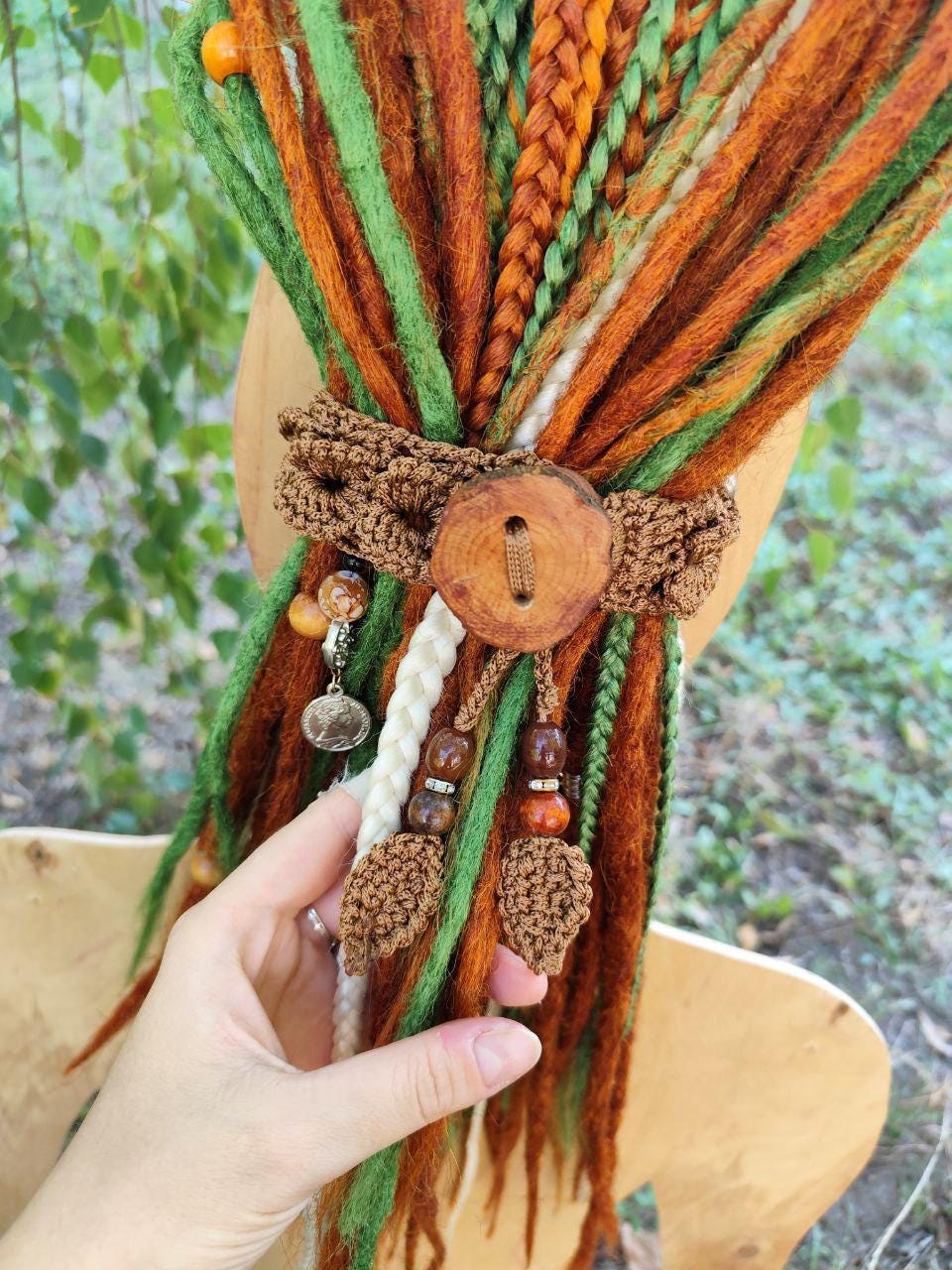 Boho Wood Hair Tie for Bun with Crocheted Lace and Rubber Band