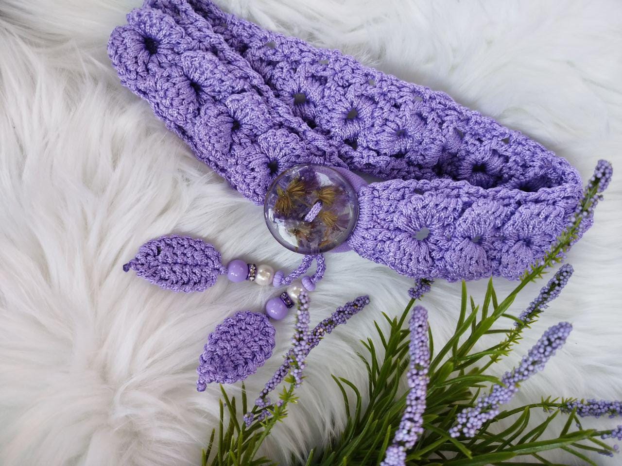 Lavender Boho Chic Crochet Lace Hair Tie with Handcrafted Button | Dried Flower Resin Elastic Bun Holder