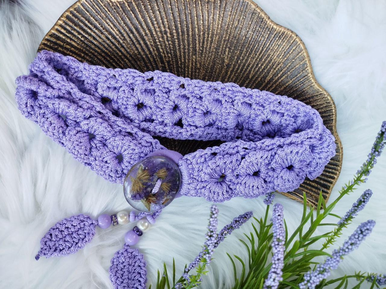 Lavender Boho Chic Crochet Lace Hair Tie with Handcrafted Button | Dried Flower Resin Elastic Bun Holder