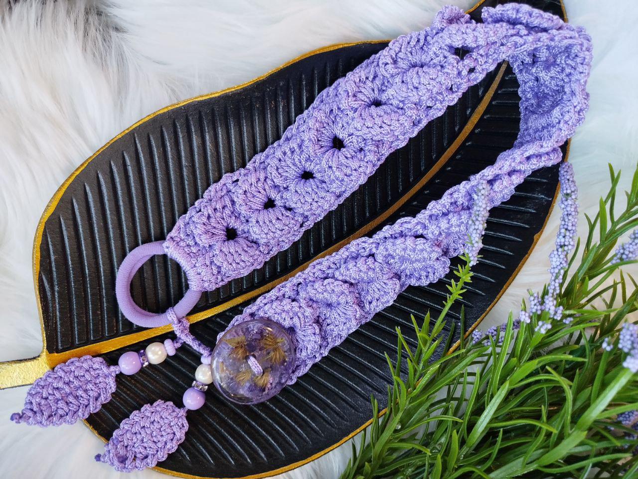 Lavender Boho Chic Crochet Lace Hair Tie with Handcrafted Button | Dried Flower Resin Elastic Bun Holder