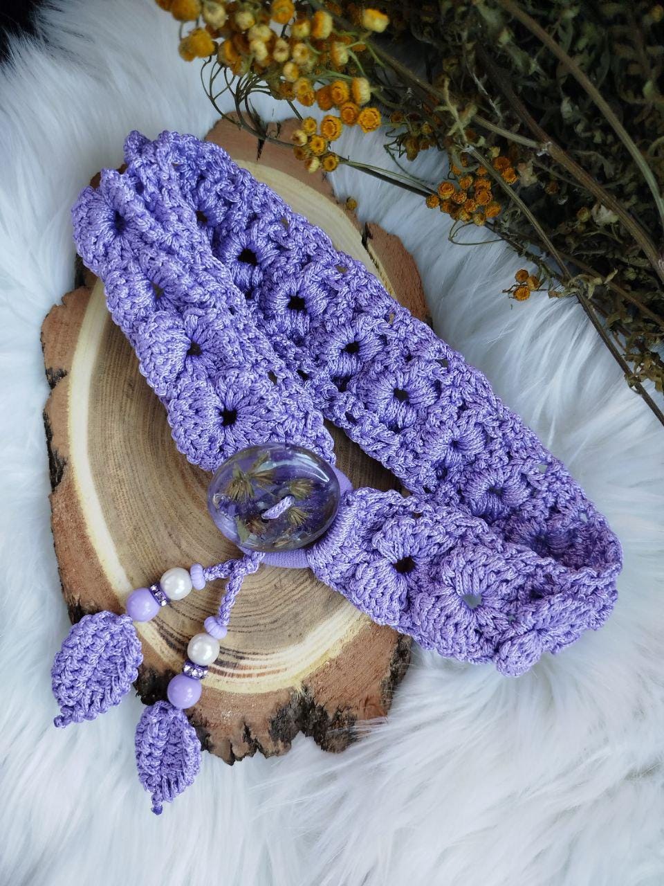 Lavender Boho Chic Crochet Lace Hair Tie with Handcrafted Button | Dried Flower Resin Elastic Bun Holder