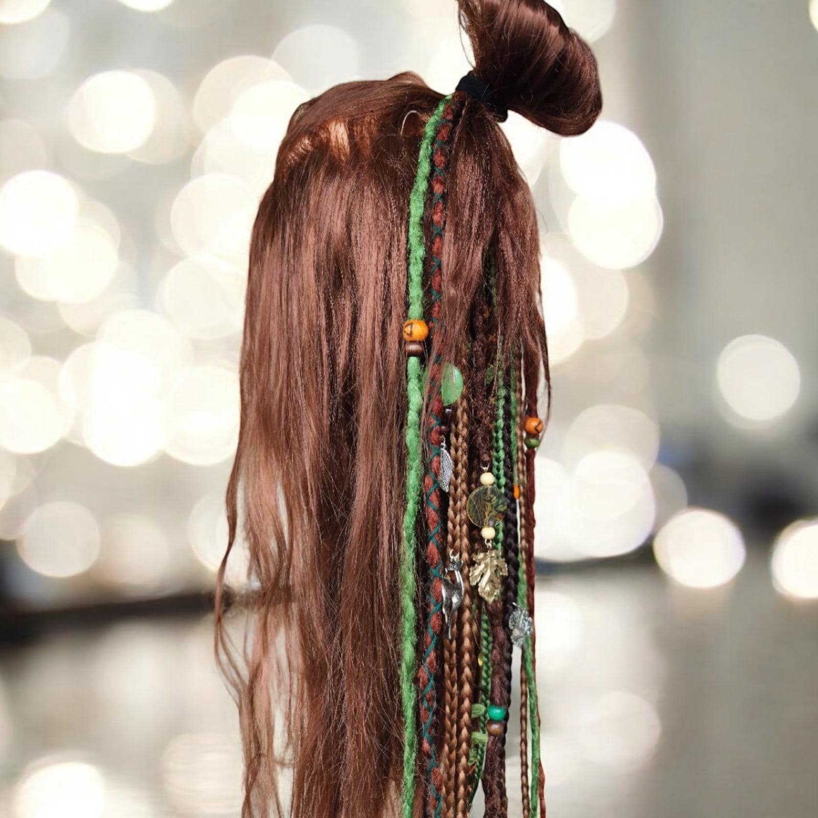 Forest Vibes Dreadlock Ponytail Set - Brown and Green Synthetic Dreads on Elastic Band