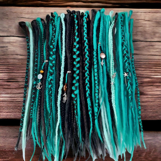 Unique Teal and Black Dreadlock Extensions for Split Hairstyle - Single-Ended