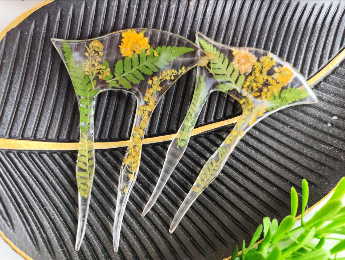 Jewelry Resin Hair Forks with Ambrosia Flower and fern leaves - Unique Hair Barrette