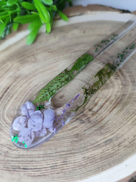 Epoxy Resin Hair Fork with Phlox Flower - Terrarium Jewelry for Mom