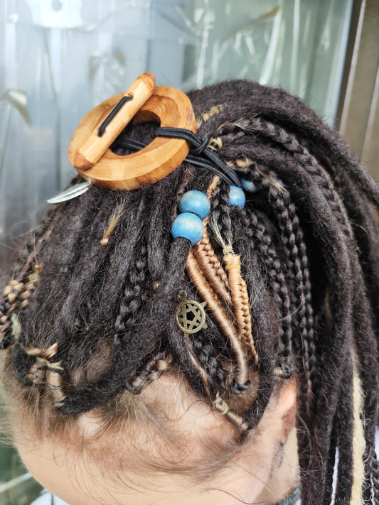 Handcrafted Wood Dreadlock Tie with Rubber Band Button and Stick