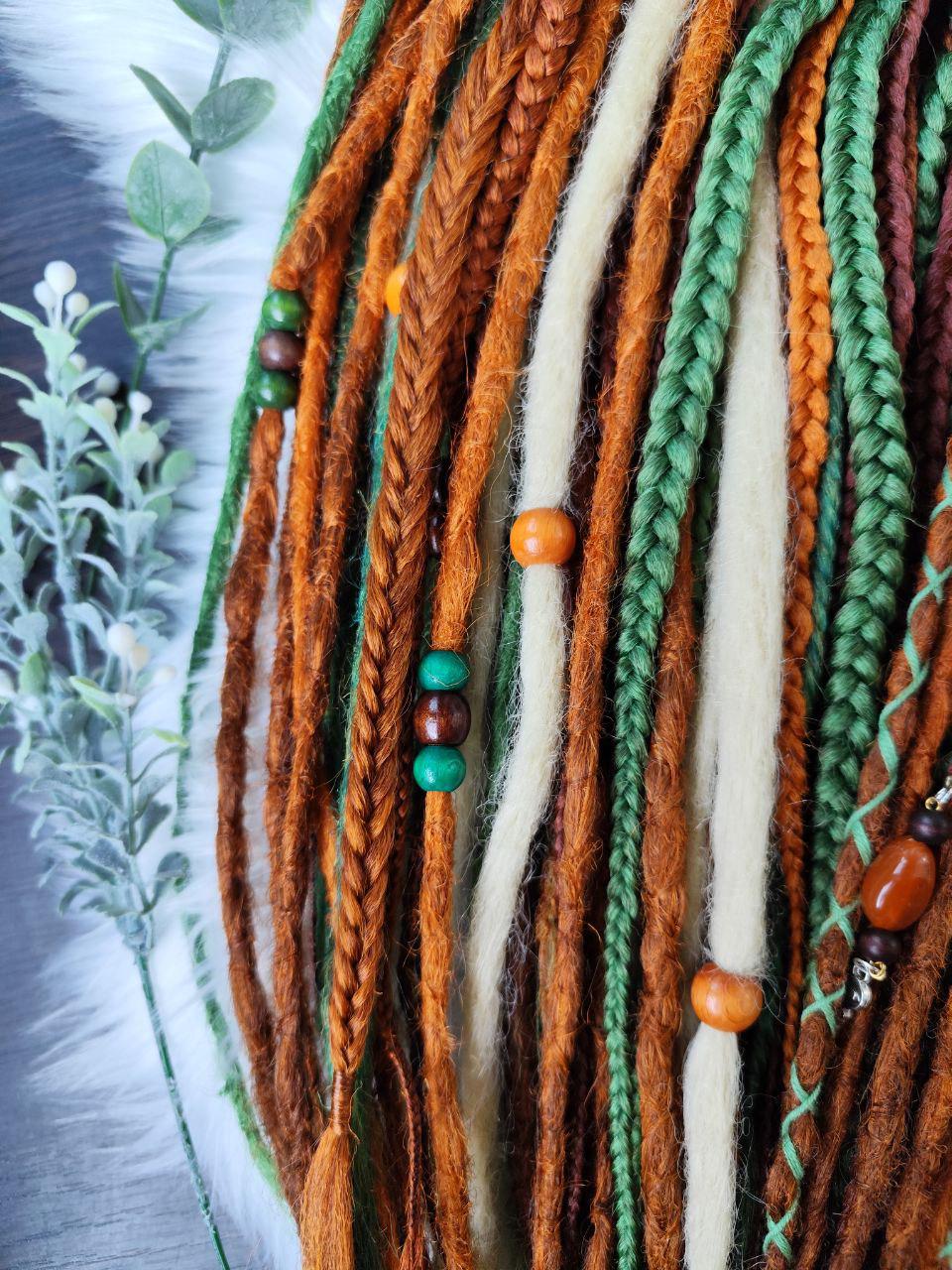 Vibrant Сopper, Green, and Blonde Synthetic Dread and Braids Extensions Set