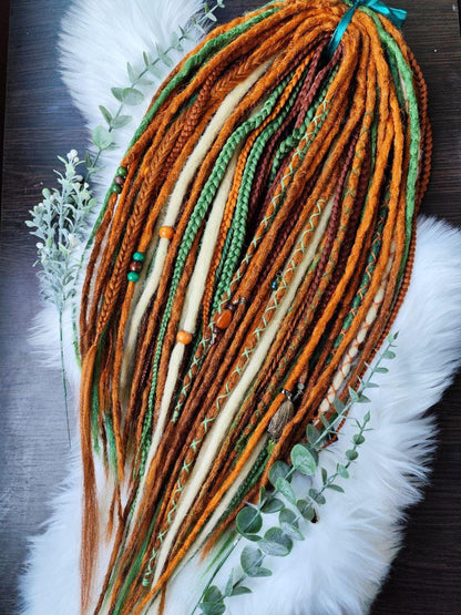 Vibrant Ginger, Green, and Blonde Synthetic Dread and Braids Extensions Set