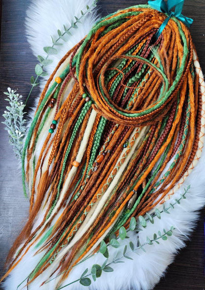 Vibrant Ginger, Green, and Blonde Synthetic Dread and Braids Extensions Set
