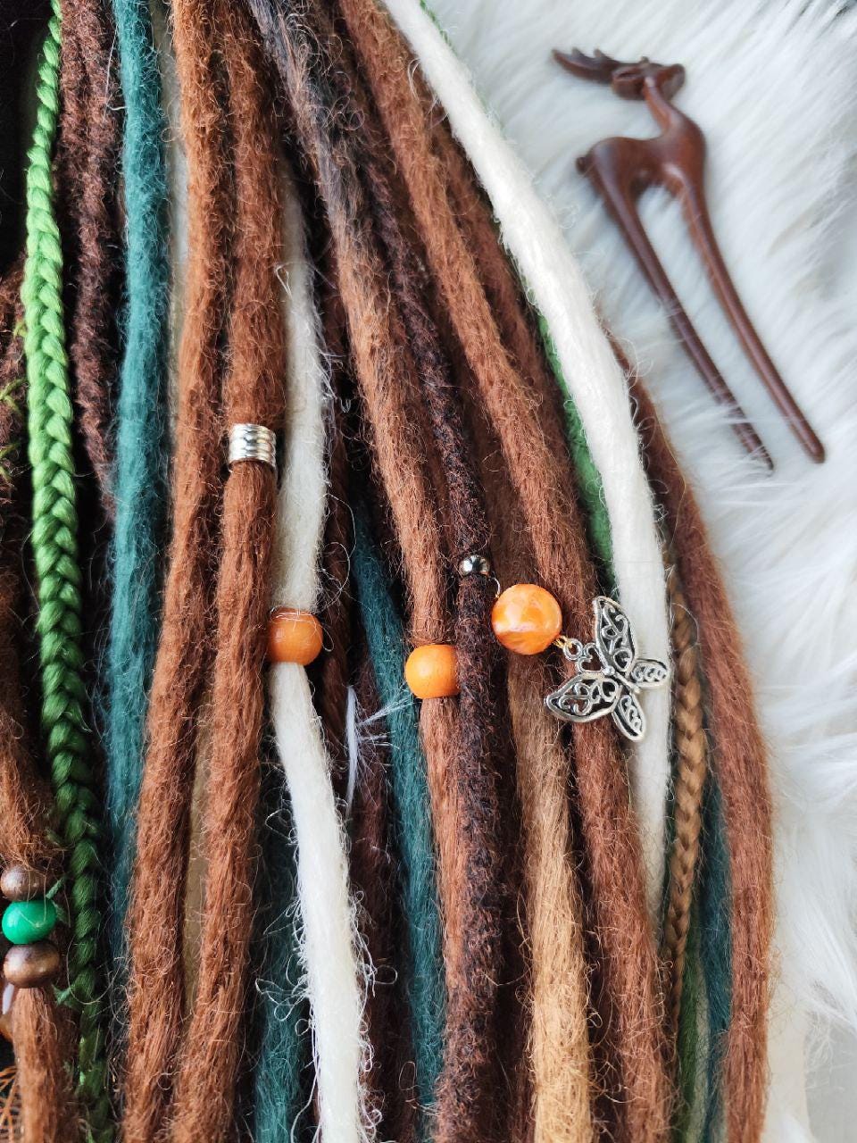 Boho Chic Brown, Blond and green Synthetic Crocheted Dreads Extensions Forester inspired Set