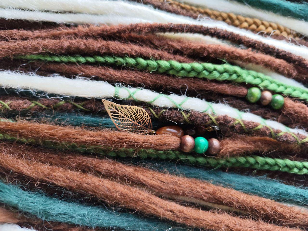 Boho Chic Brown, Blond and green Synthetic Crocheted Dreads Extensions Forester inspired Set