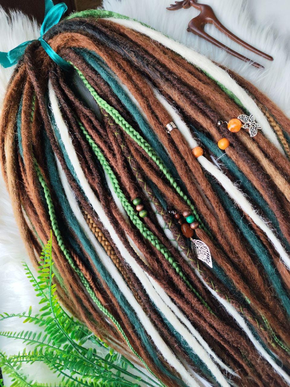 Boho Chic Brown, Blond and green Synthetic Crocheted Dreads Extensions Forester inspired Set