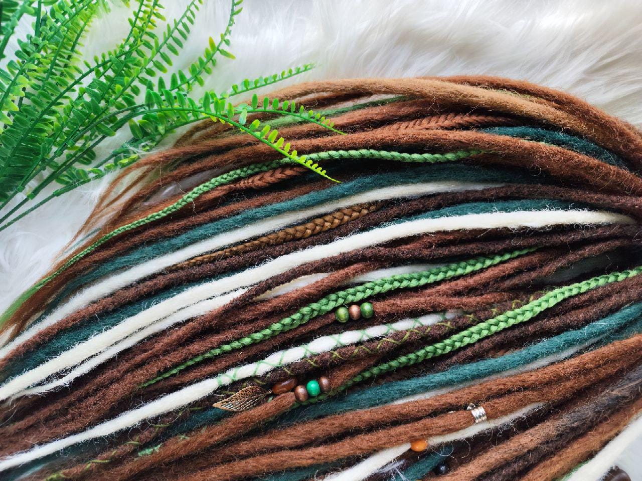 Boho Chic Brown, Blond and green Synthetic Crocheted Dreads Extensions Forester inspired Set