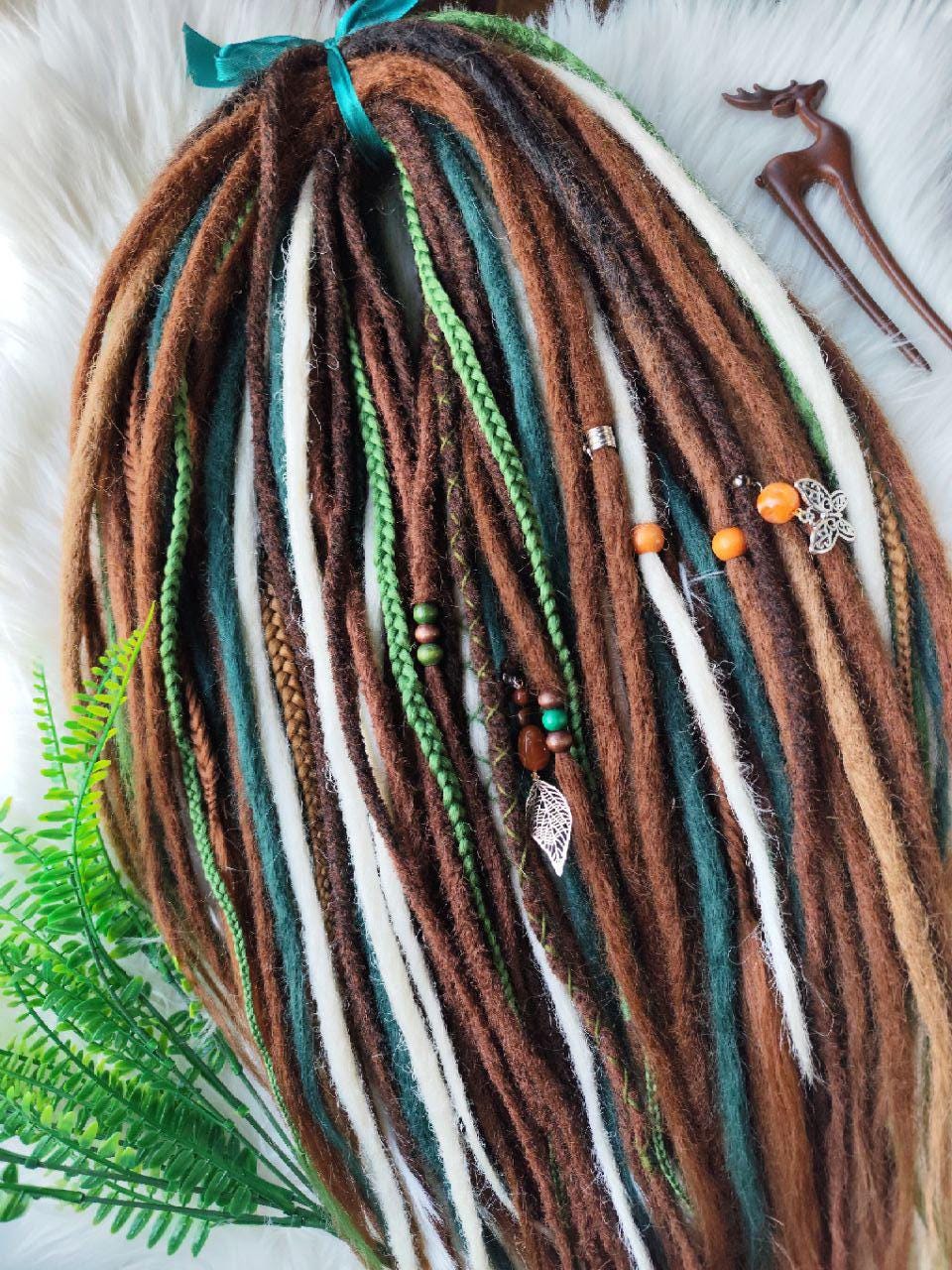 Boho Chic Brown, Blond and green Synthetic Crocheted Dreads Extensions Forester inspired Set