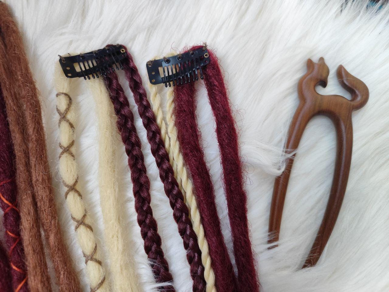 Handcrafted Synthetic Clip In Dreads Set in Brown, Blond, and Burgundy - Hair Extensions on Clips