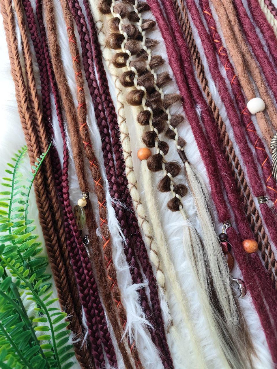 Handcrafted Synthetic Clip In Dreads Set in Brown, Blond, and Burgundy - Hair Extensions on Clips