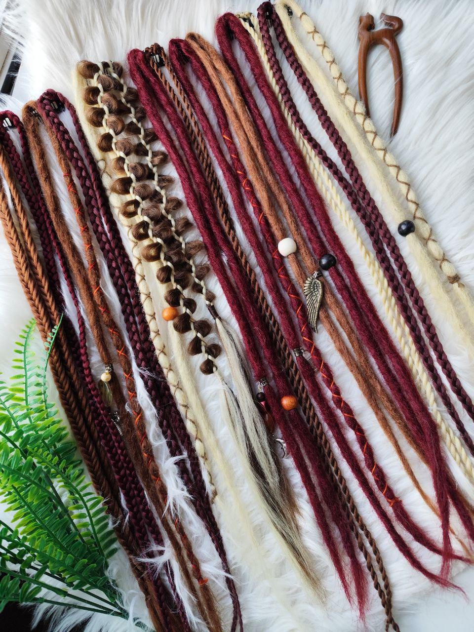 Handcrafted Synthetic Clip In Dreads Set in Brown, Blond, and Burgundy - Hair Extensions on Clips