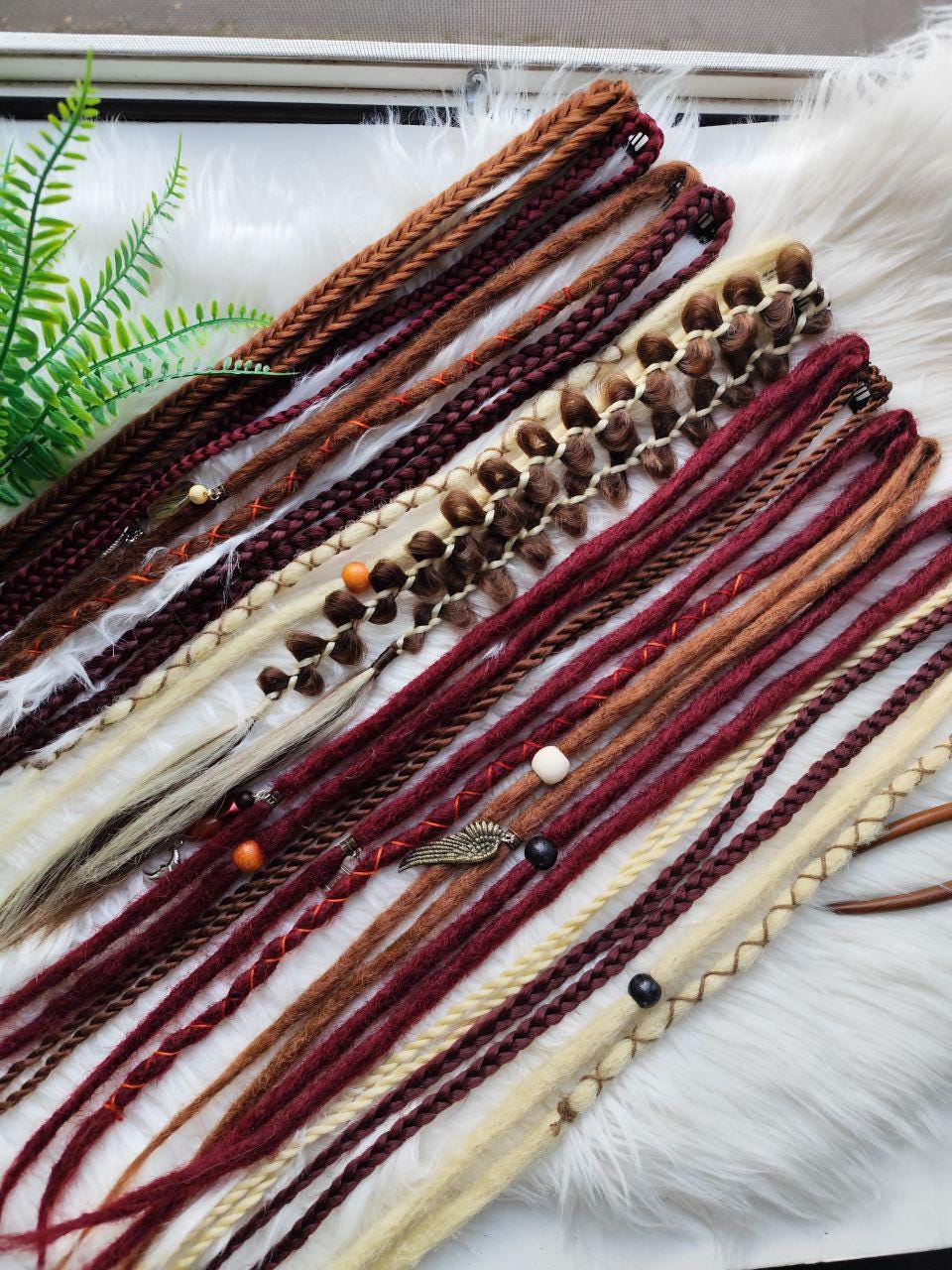 Boho Clip In Dreads in Brown, Blond, and Burgundy - Handmade Synthetic Hair Extensions on Clips