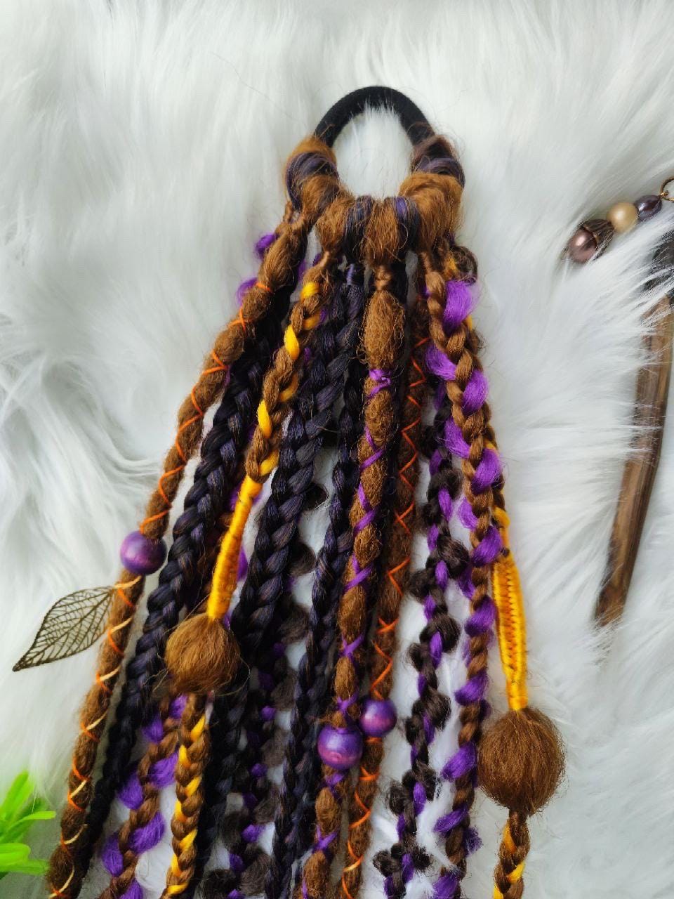 Witchy Vibes Dreadlock Ponytail - Vibrant Violet, Orange & Brown Dreads | Halloween Hai