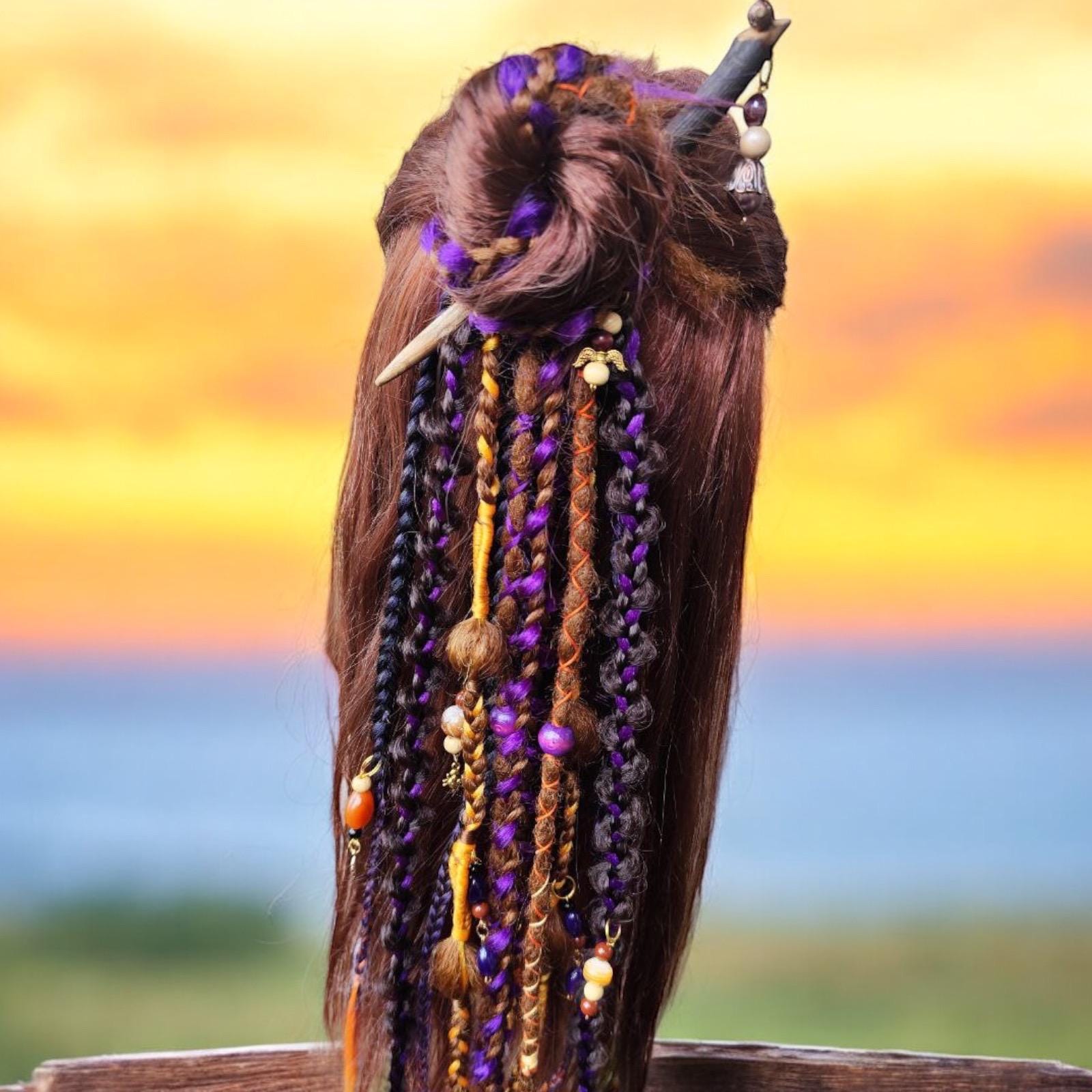 Witchy Vibes Dreadlock Ponytail - Vibrant Violet, Orange & Brown Dreads | Halloween Hai