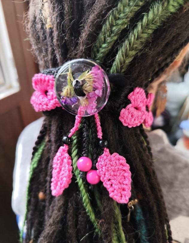 Boho Pink & Black Dreadlocks Holder with Crocheted Lace - Hair Bun Accessory