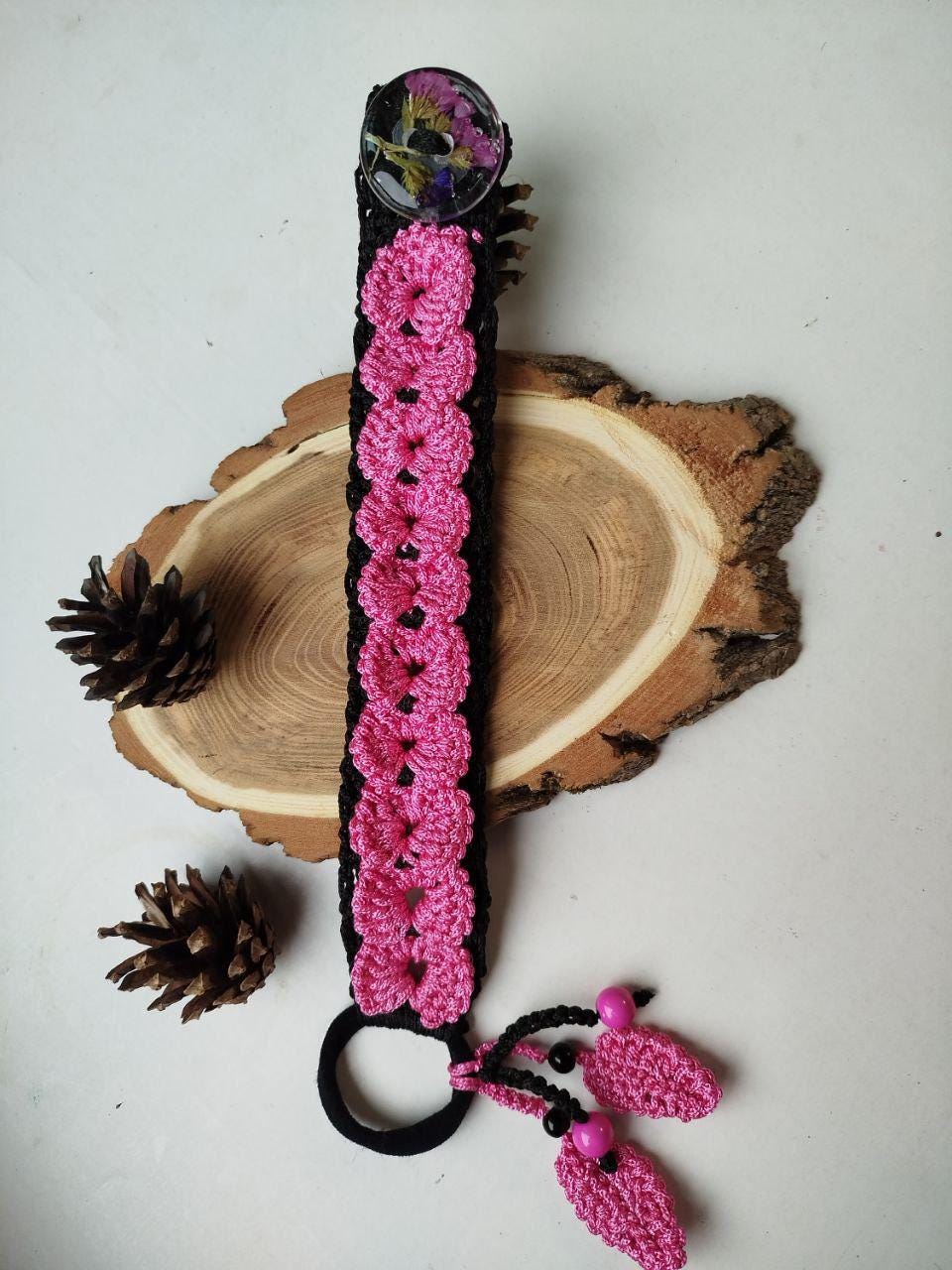 Boho Pink & Black Dreadlocks Holder with Crocheted Lace - Hair Bun Accessory