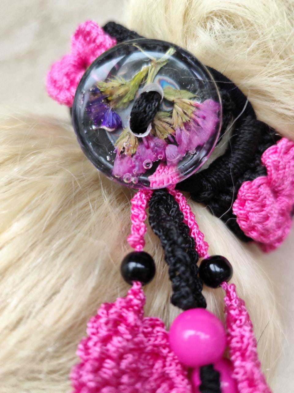 Boho Pink & Black Dreadlocks Holder with Crocheted Lace - Hair Bun Accessory