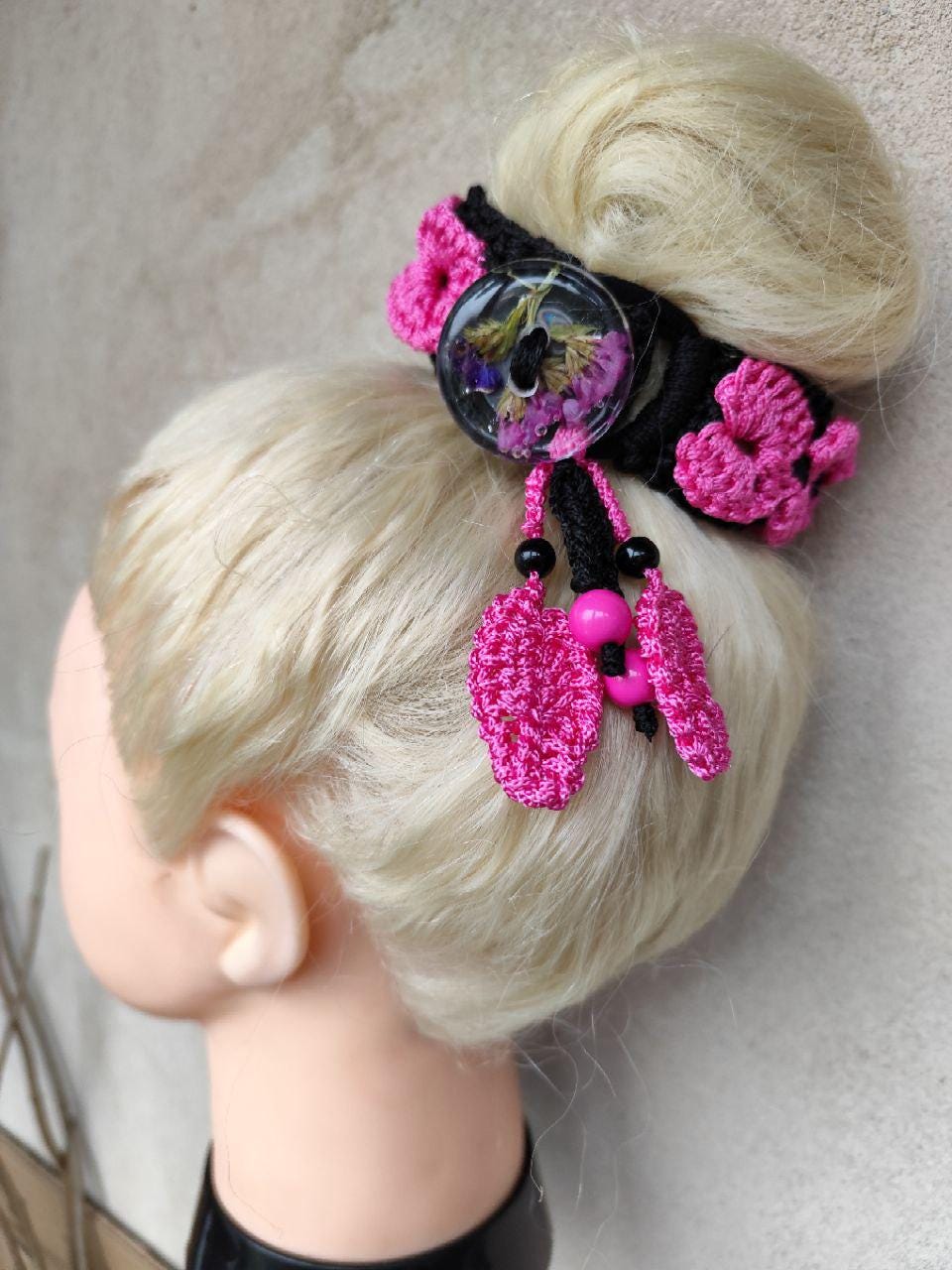 Boho Pink & Black Dreadlocks Holder with Crocheted Lace - Hair Bun Accessory