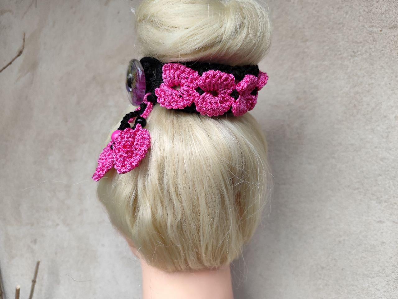 Boho Pink & Black Dreadlocks Holder with Crocheted Lace - Hair Bun Accessory