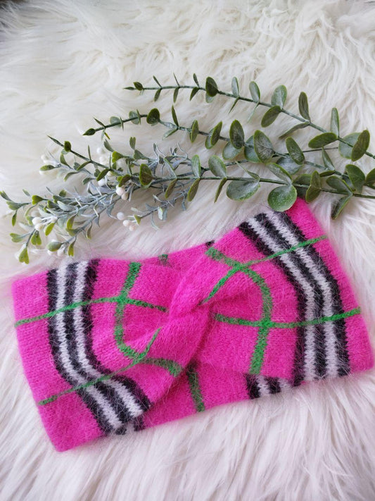 Pink Angora Ear Warmer - Hand-Knitted Headband for Winter