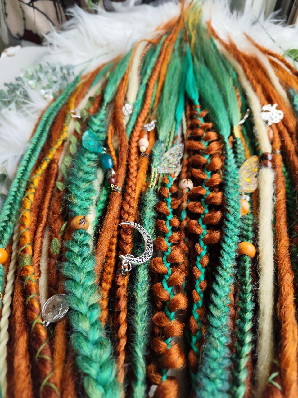 Vibrant Сopper, Green, and Blonde Synthetic Dread and Braids Extensions Forest Set