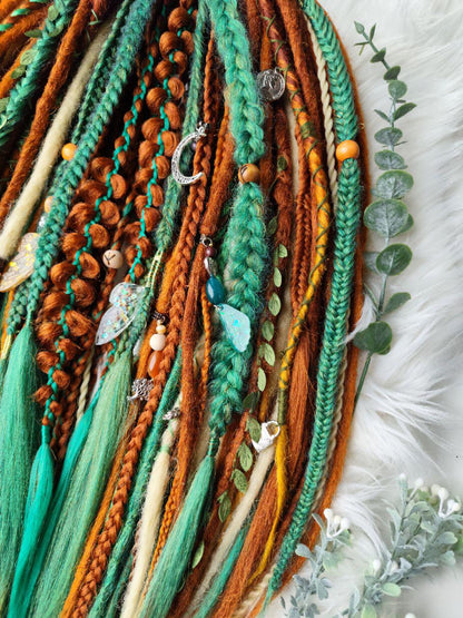 Vibrant Сopper, Green, and Blonde Synthetic Dread and Braids Extensions Forest Set