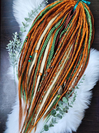 Vibrant Ginger, Green, and Blonde Synthetic Dread and Braids Extensions Set
