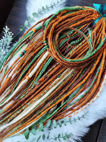 Vibrant Ginger, Green, and Blonde Synthetic Dread and Braids Extensions Set